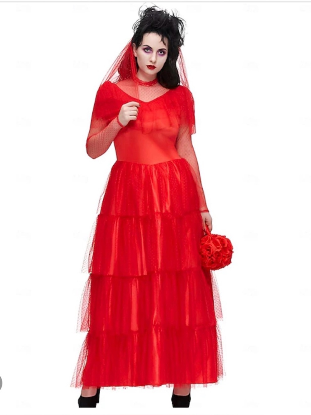 Beetlejuice Lydia Adult Red Wedding Dress Costume - Picture 2 of 13